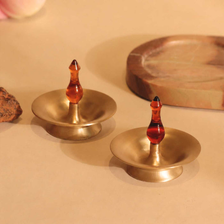 Handmade Borosilicate Nilavilakku Glass And Brass 5-Wick Oil Lamp For Pooja Decor | Short