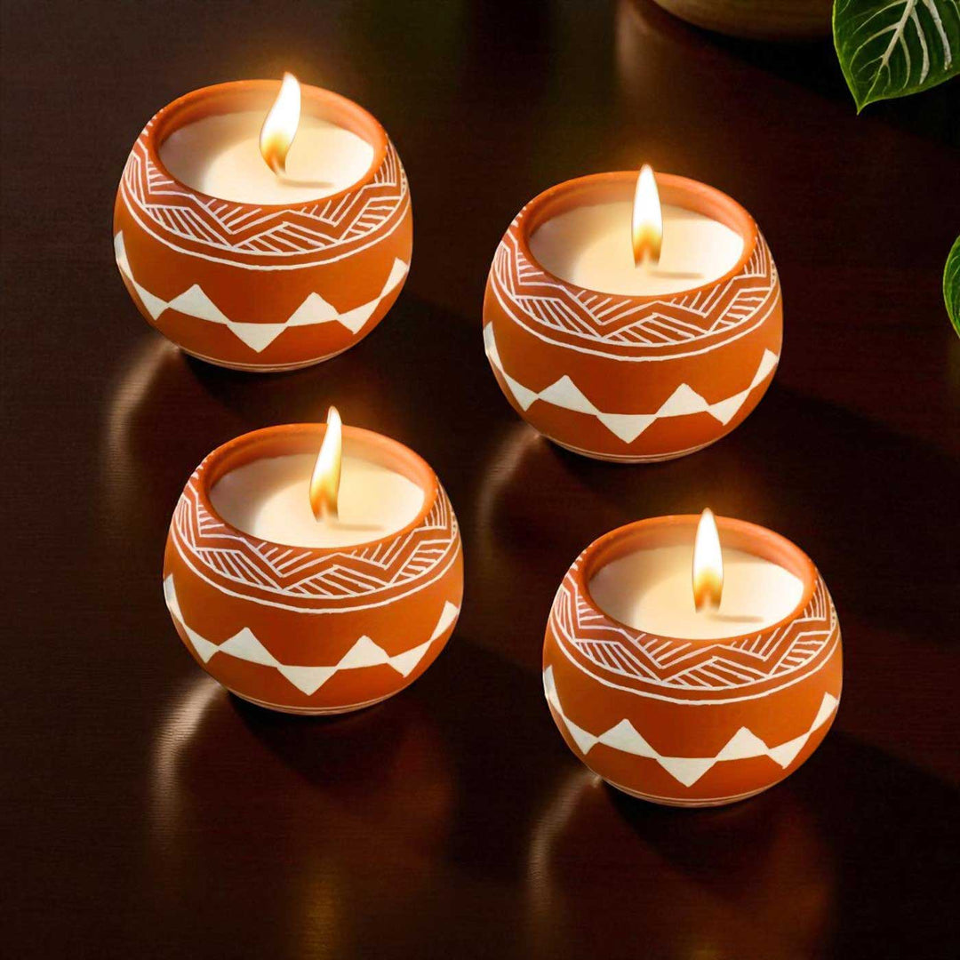 Set of 4 | Hand-Painted Mountain Meadow Terracotta Soy Wax Candle