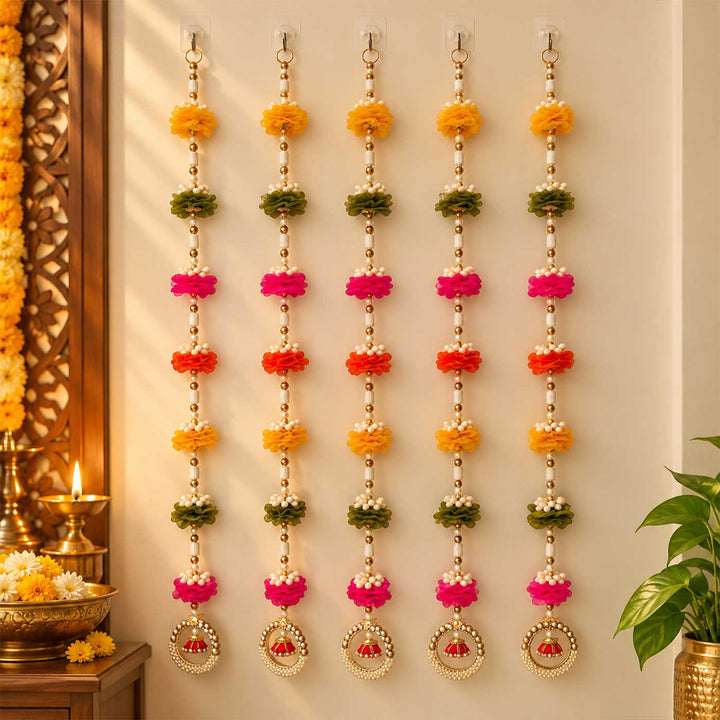 5 Pc | Handmade Multi-Colour Tissue Flower Hangings With Moti Beads