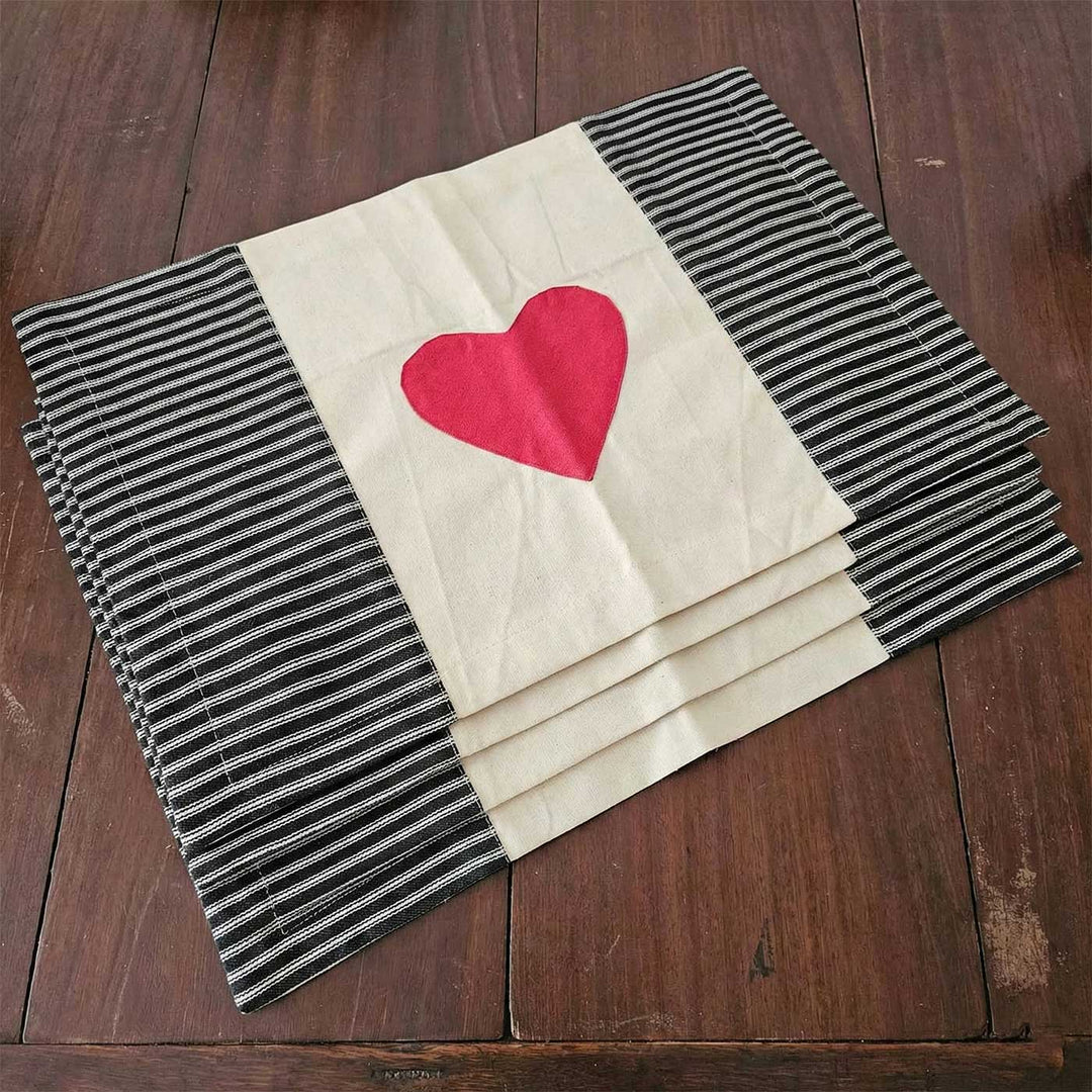 4 Pc | Red In Love Heart Motif Cotton Table Mat