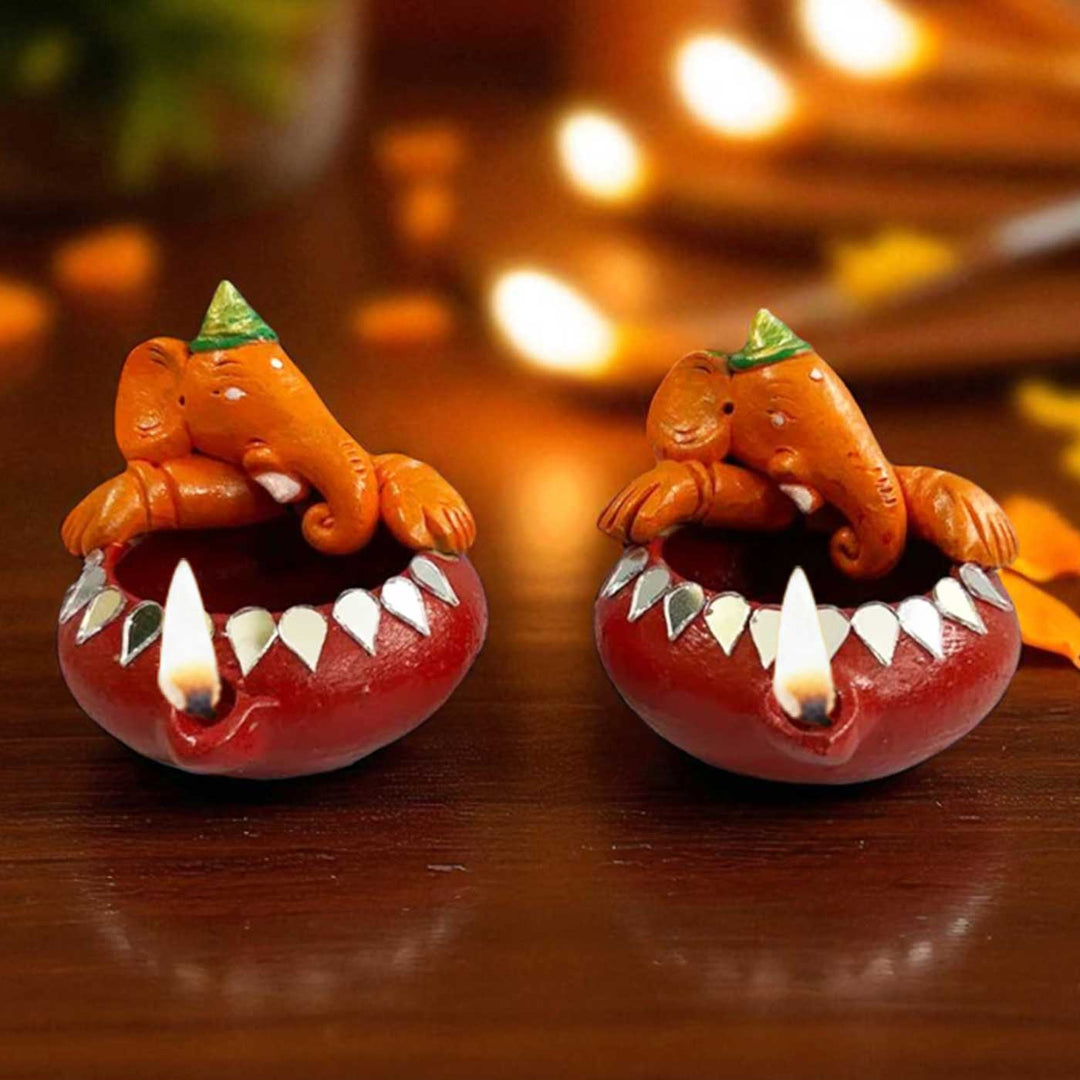 Set Of 2 | Handmade Painted Ganesh Design Terracotta Oil Lamp / Diya