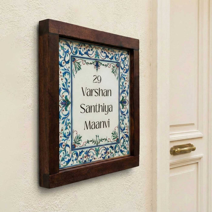 Blue & White Vintage Personalized Printed Framed Square Resin Name Plate