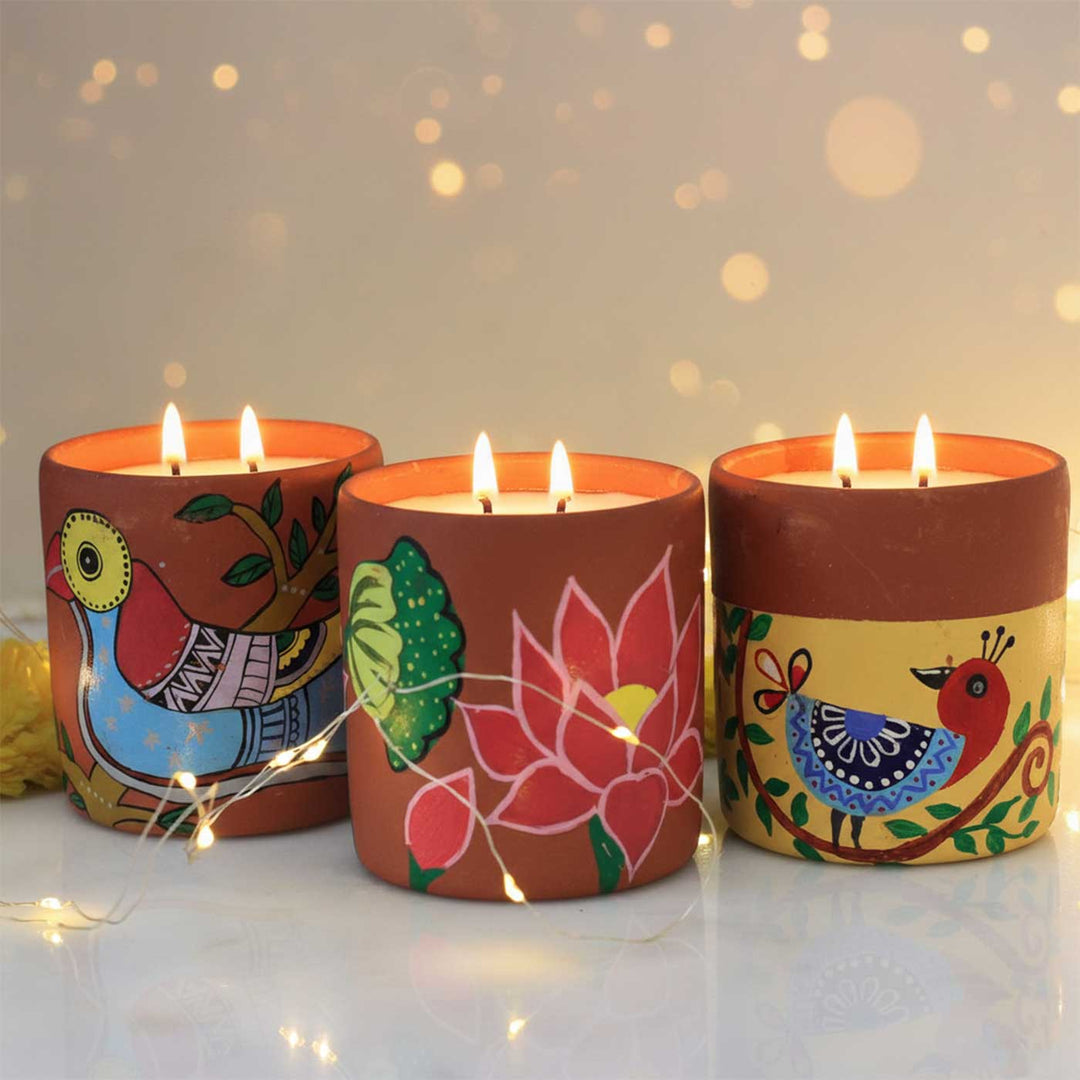 Hand-Painted Small Bird Madhubani Terracotta Candle Jars
