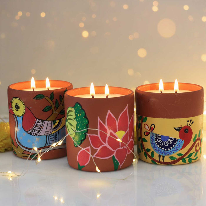 Hand-Painted Small Bird Madhubani Terracotta Candle Jars
