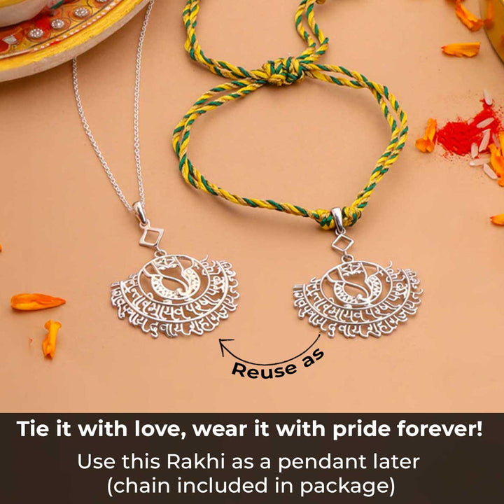 Handmade Ganesha Theme Religious Silver Lumba Rakhi For Bhabhi - Usage Suggestion with Text Overlay