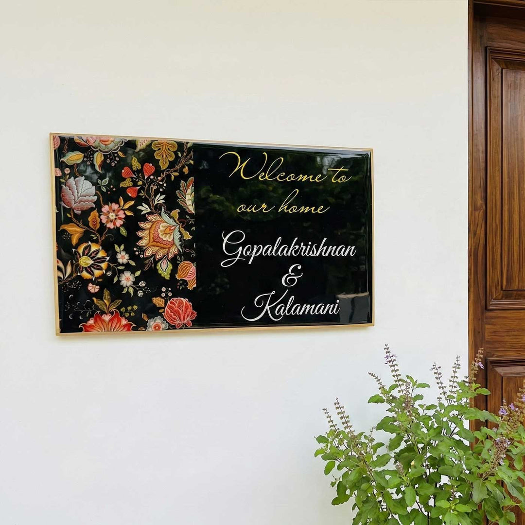 Black Floral Personalized Printed Rectangle Resin Name Plate
