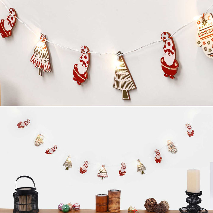 3 m, 14 Bulbs | Decorative Pine Wood Santa & Gloves & Tree LED Fairy Light