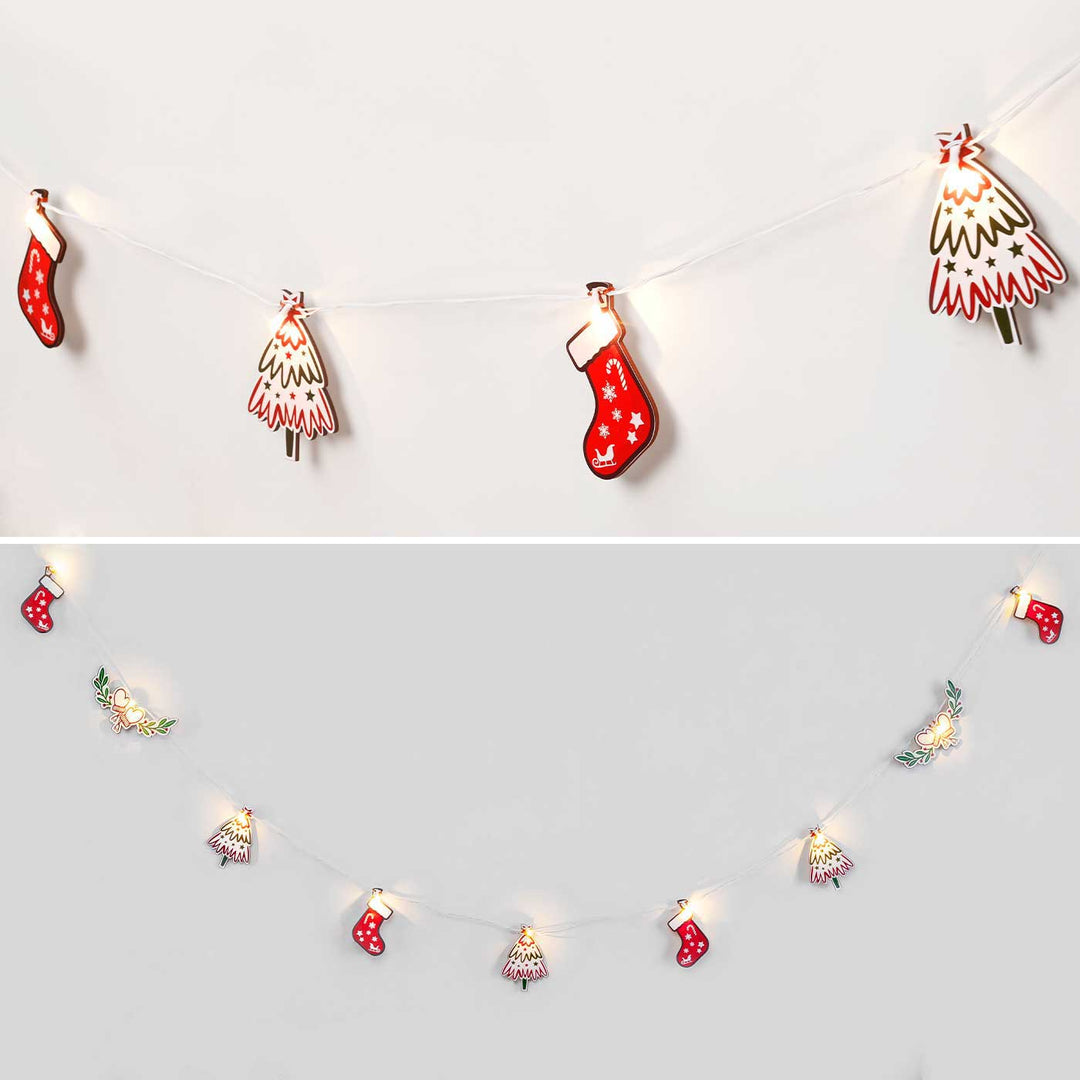 3 m, 14 Bulbs | Decorative Pine Wood Christmas Tree & Gloves LED Fairy Light