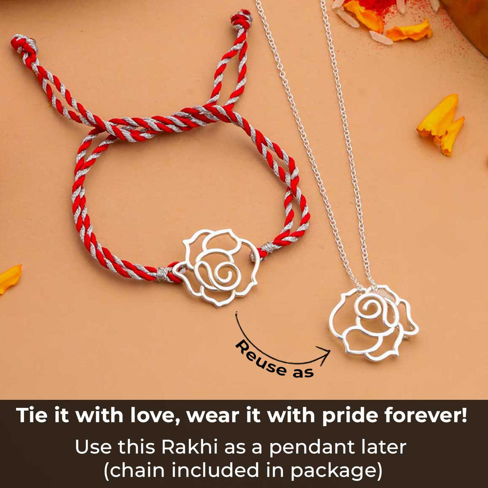 Handmade Rose Design Silver Rakhi For Brother - Reuse as Pendant Feature Highlight