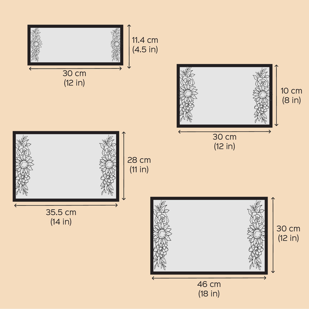 Printed Floral Wooden Rectangle Nameplate For Couples - Dimension Chart with Floral Borders