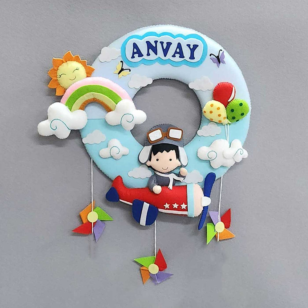 Personalized Aeroplane Theme Felt Kids Name Plate - Front View with Name Personalization