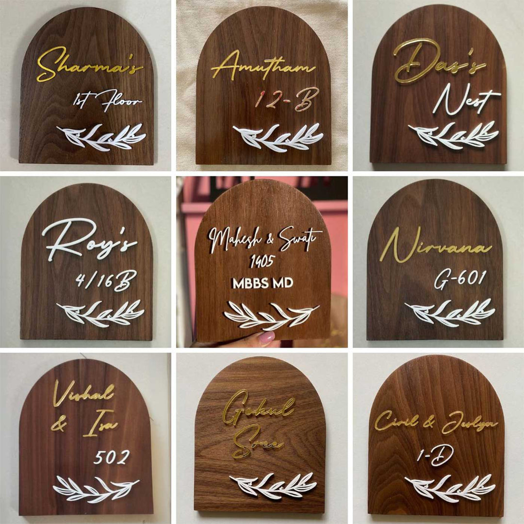 Bengali | Small Minimal Arched Wooden Name Plate with 3D Acrylic Letters