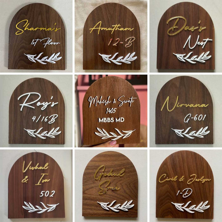 Bengali | Small Minimal Arched Wooden Name Plate with 3D Acrylic Letters