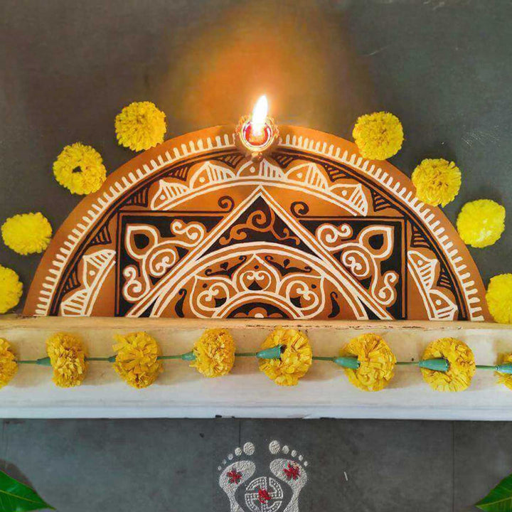 1.8 Ft Foldable Fabric Reusable Rangoli Mat | Handmade Vyana Semicircle Kolam | Canvas, Anti-skid, Water-resistant