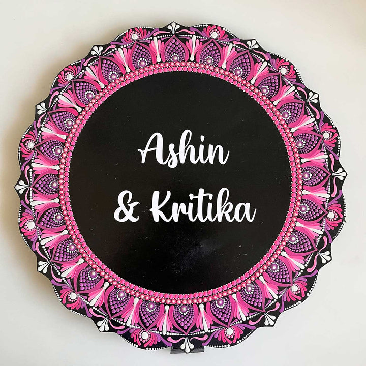 Personalized Handmade Circular Dot Art Mdf Wood Name Plate - Top View Showing Name Personalization