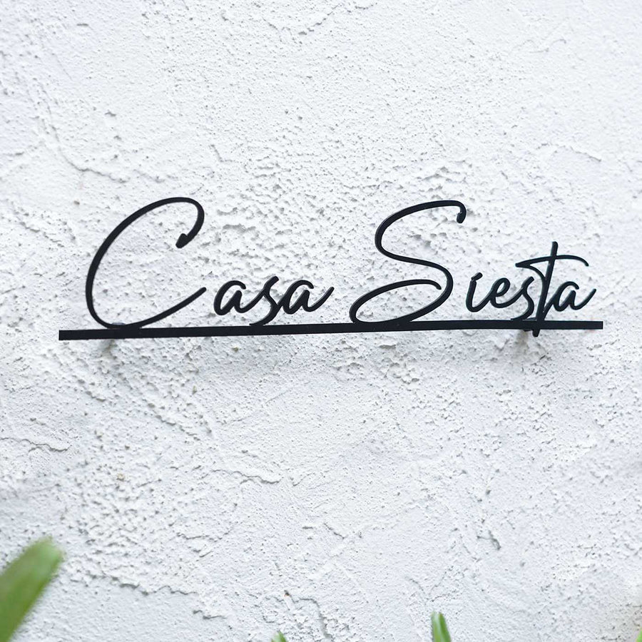Personalized Weatherproof Modern Laser Cut Steel Name Plate - Mounted on Textured Wall Front View