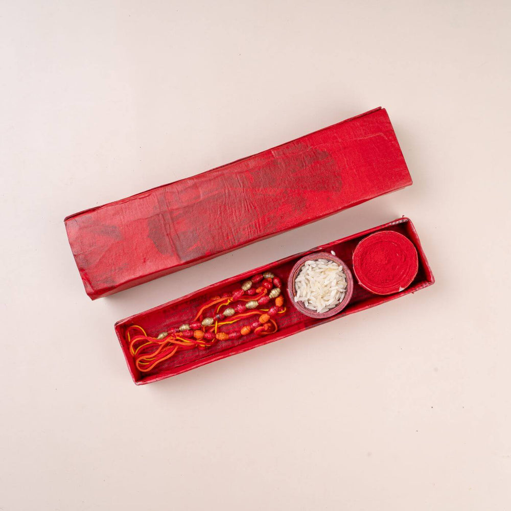 Handcrafted Paper Beads Rakhi Hamper With Rice Roli 1 - Rakhi Set in Open Gift Box