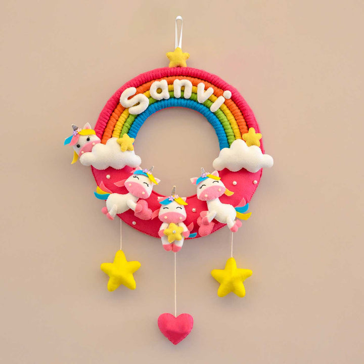 Personalized Rainbow And Unicorn Theme Round Felt Kids Nameplate - Front View Hanging on Wall (4)