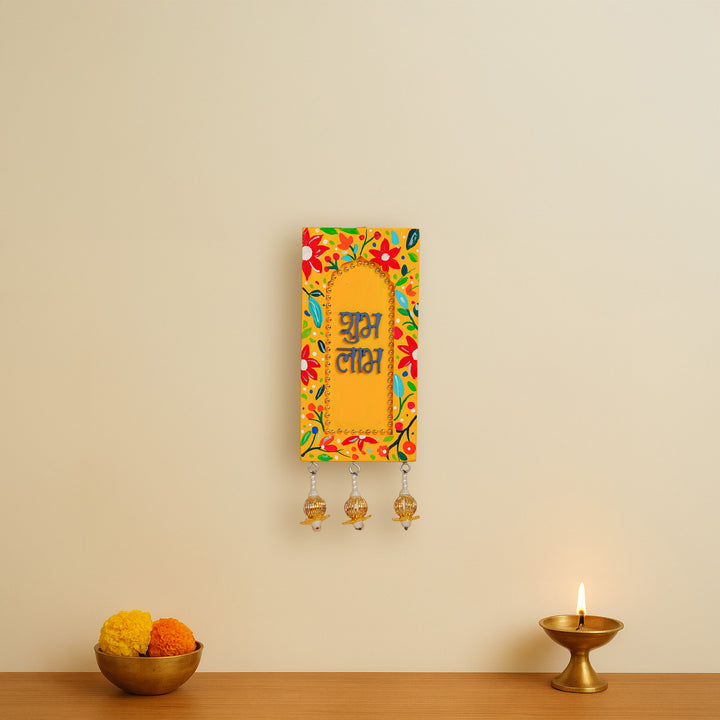 Hand-Painted Floral Shubh Labh Jharokha MDF Wood Hanging