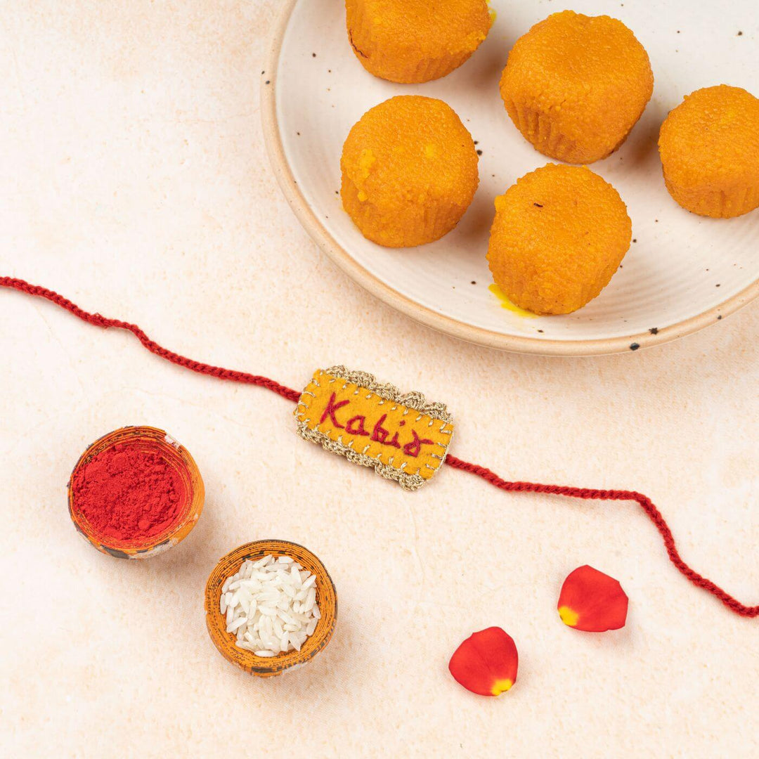 Hand Embroidered Personalized Rakhi Hamper With Roli Chawal 2 - Rakhi with Festival Items