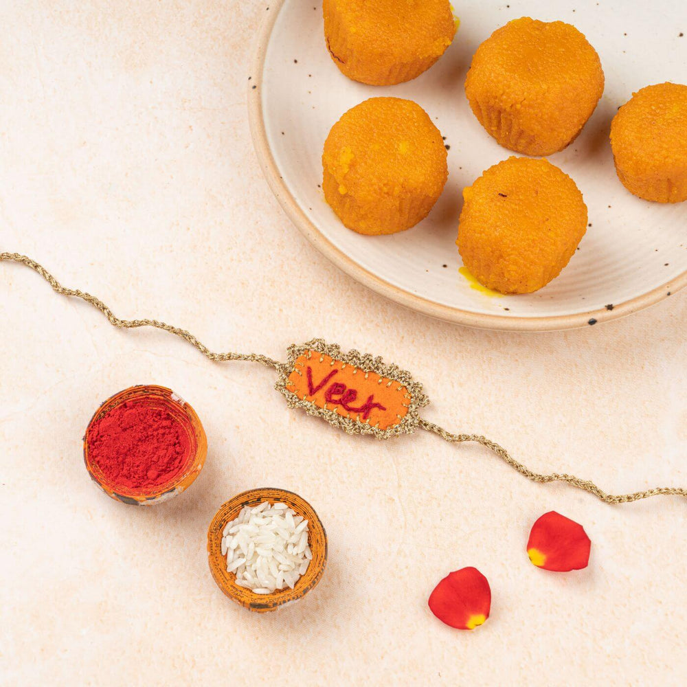 Hand Embroidered Personalized Rakhi Hamper With Roli Chawal 1 - Rakhi with Traditional Items