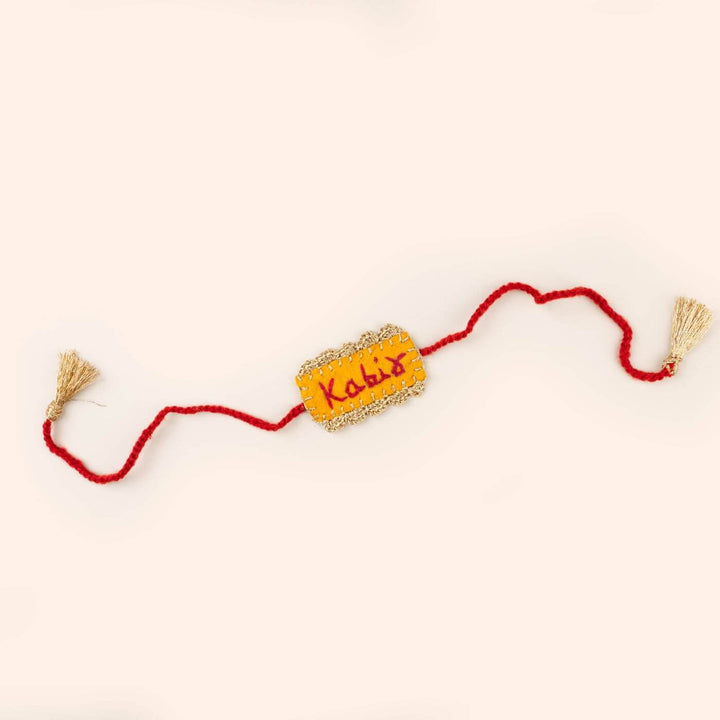 Hand Embroidered Personalized Rakhi Hamper With Roli Chawal 1 - Full Rakhi Length View