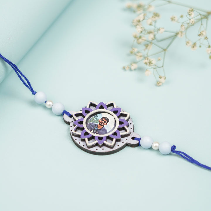 Photo Personalized Hand Painted Layered Mandala Design Mdf Wood Rakhi - Front View in Open Box Setting