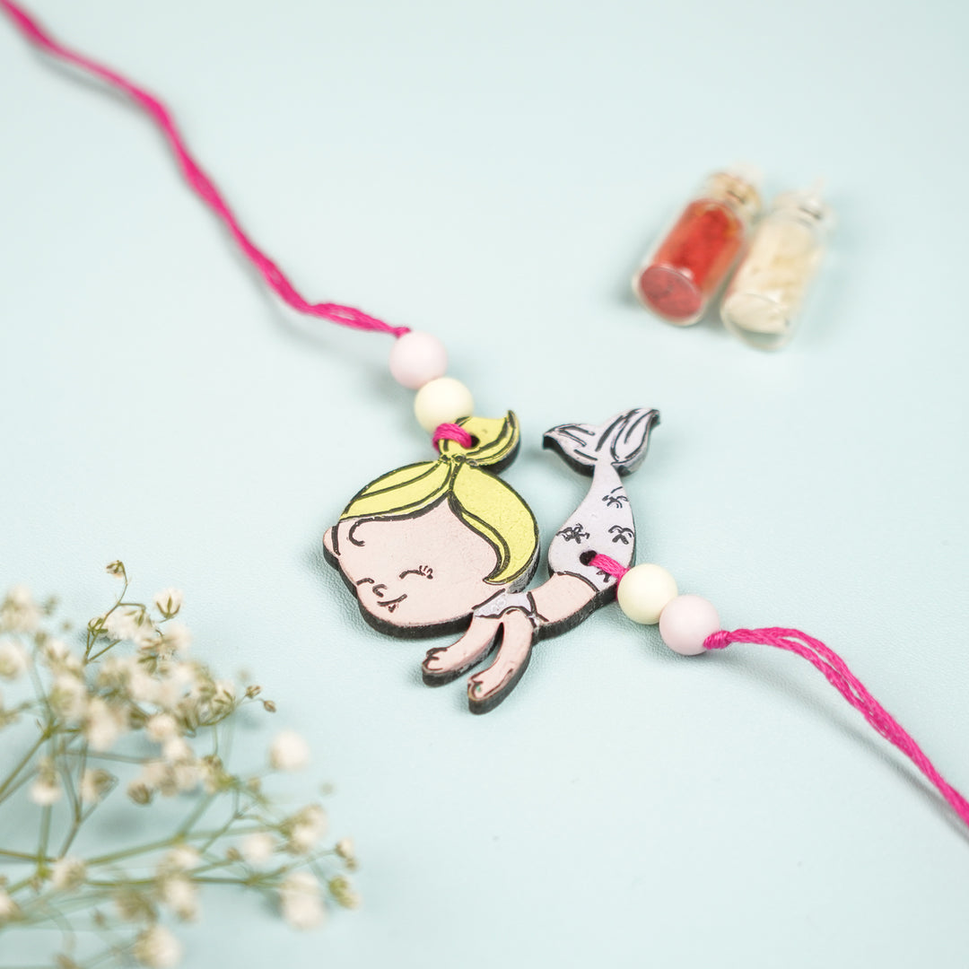 Hand Painted Mermaid Design Mdf Wood Kids Rakhi - Close-up View