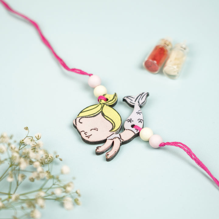 Hand Painted Mermaid Design Mdf Wood Kids Rakhi - Close-up View