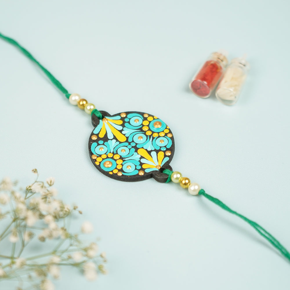 Customized Hand Painted Dot Mandala Ethnic Round Mdf Wood Rakhi - Close-up Front View
