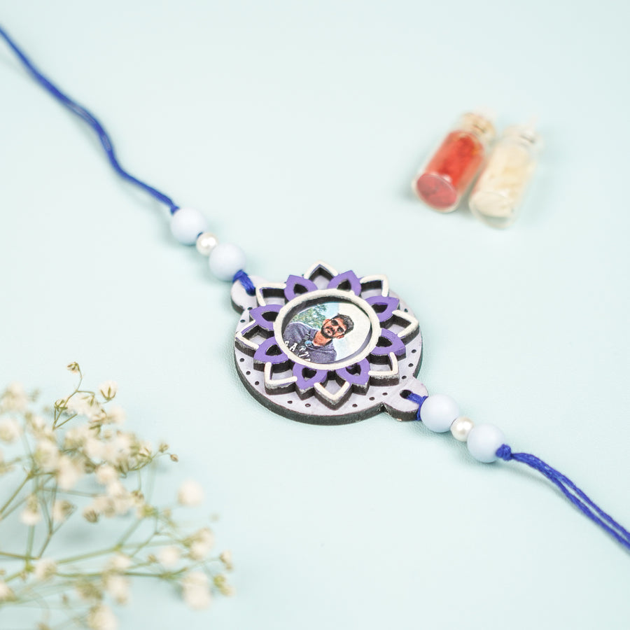 Photo Personalized Hand Painted Layered Mandala Design Mdf Wood Rakhi - Front View with Decorative Items