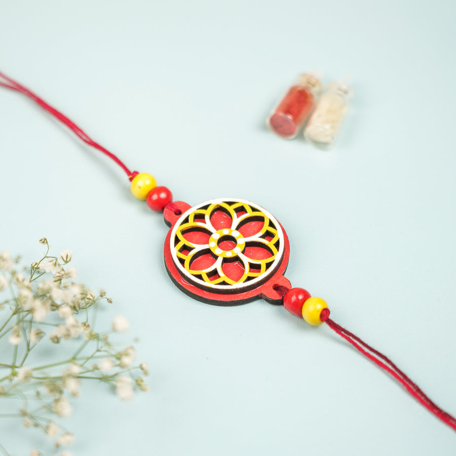 Customized Hand Painted Layered Mandala Design Mdf Wood Rakhi - Close-up of Bracelet Face
