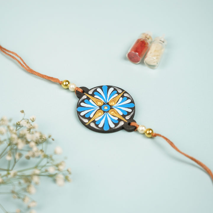 Customized Hand Painted Dot Mandala Ethnic Round Mdf Wood Rakhi - Flat Lay Front View