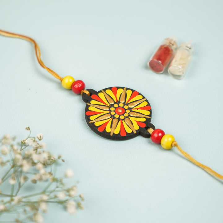 Customized Hand Painted Dot Mandala Ethnic Round Mdf Wood Rakhi - Flat Lay Front View (3)