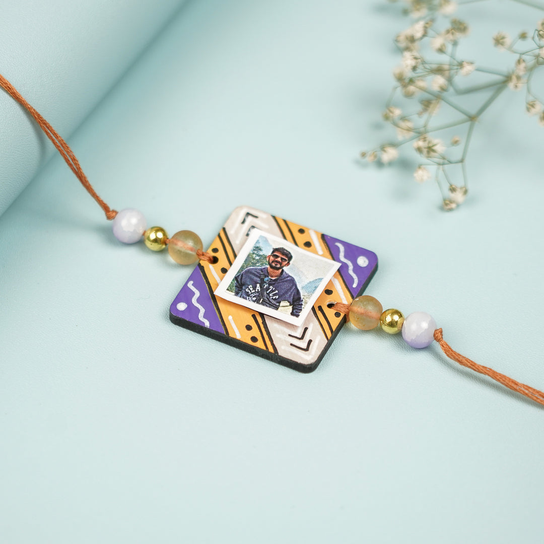 Photo Personalized Hand Painted Square Shape Mdf Wood Rakhi - Top Angle View