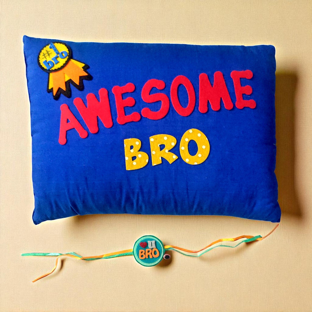 Handmade Awesome Bro Felt Rakhi Hamper With Roli Chawal Includes 1 Pillow 1 Rakhi - Different Color Pillow Front
