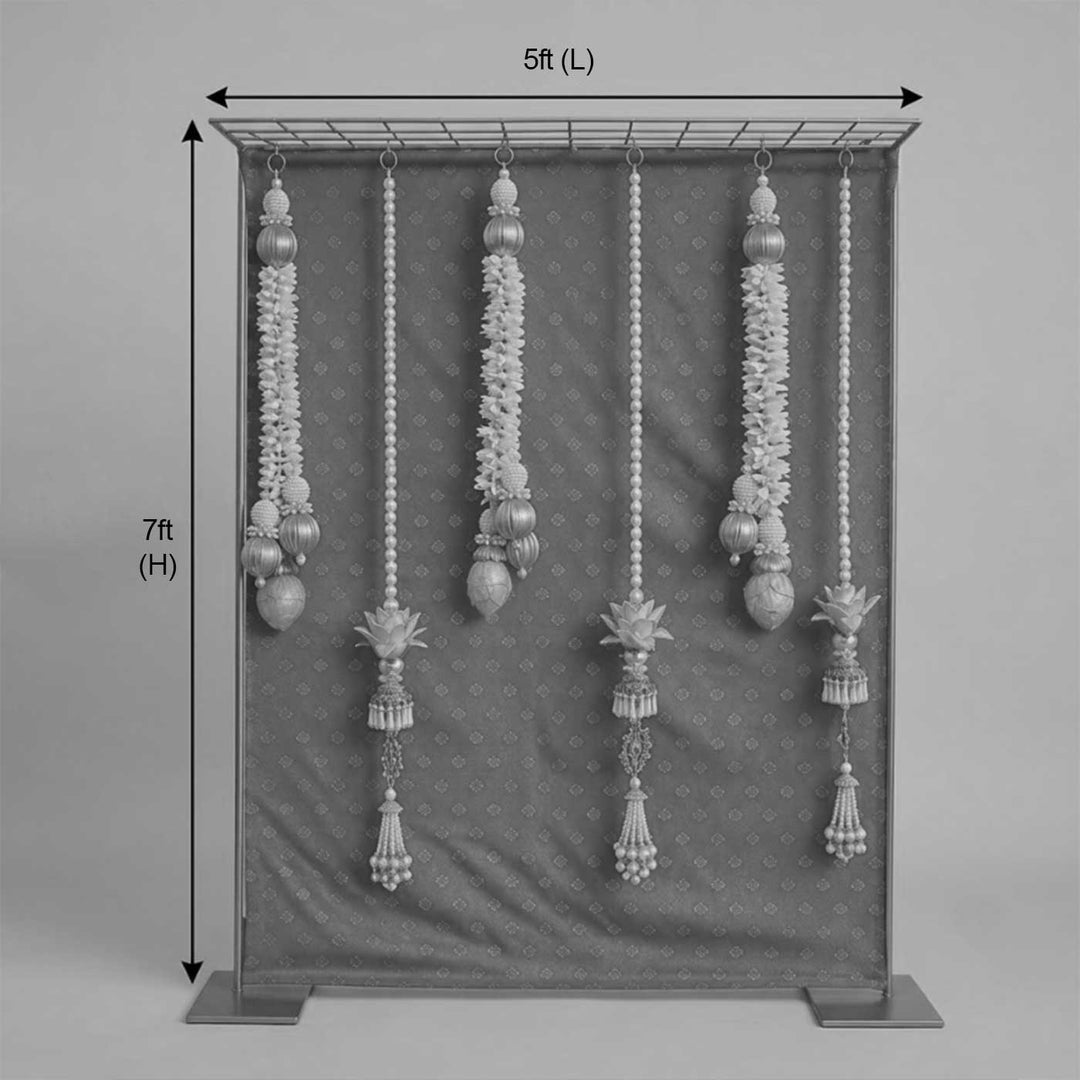 White Floral Garland Backdrop Decor Kit With Off-White Crepe Curtains & Fairy Lights For Weddings