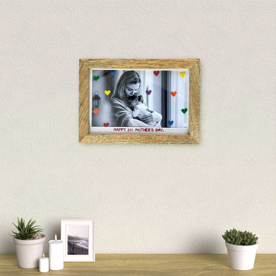 Rainbow Hearts Style Hand Embroidered Photo With Wooden Frame