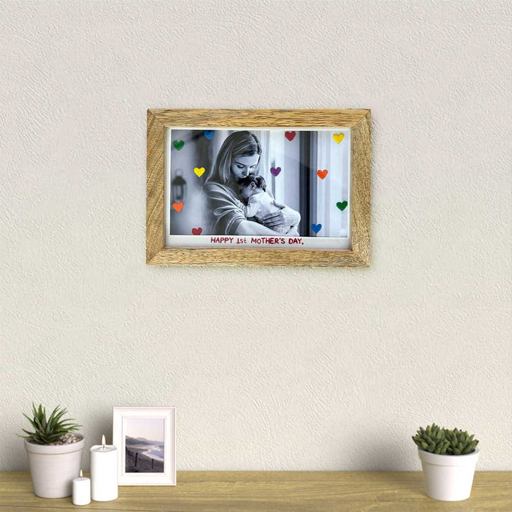Rainbow Hearts Style Hand Embroidered Photo With Wooden Frame