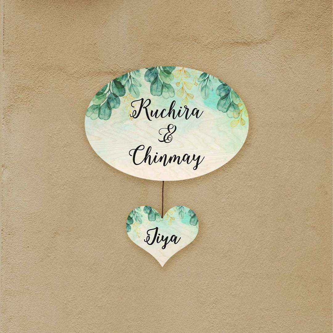 Printed Green Spring Floral Wooden Oval Nameplate - Hanging Wall Sign with Name Personalization