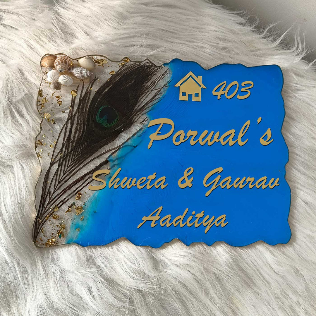 Personalized Peacock Feather & Shells Theme Resin Name Plate