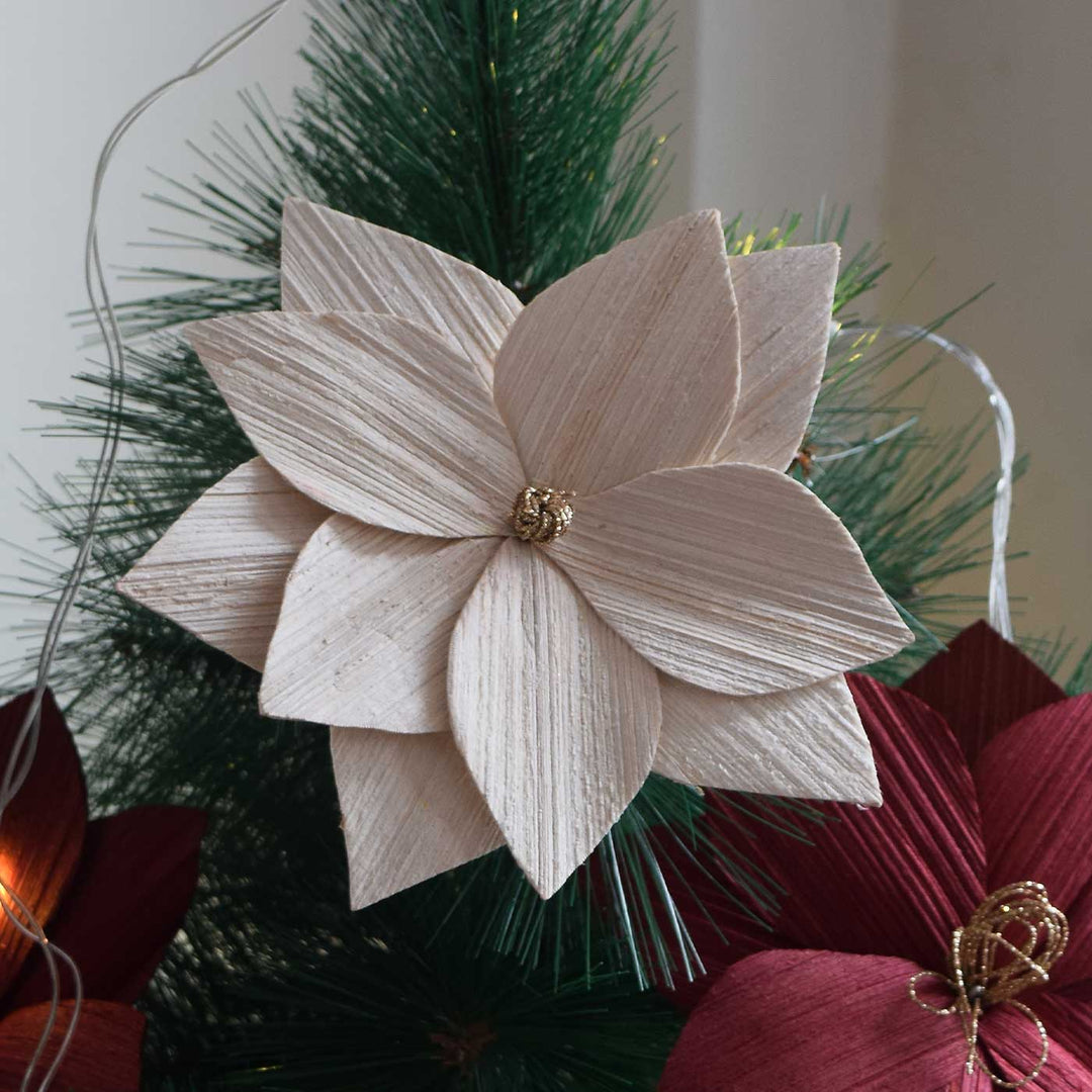 Handmade Areca Nut White Poinsettia Flower Christmas Ornament
