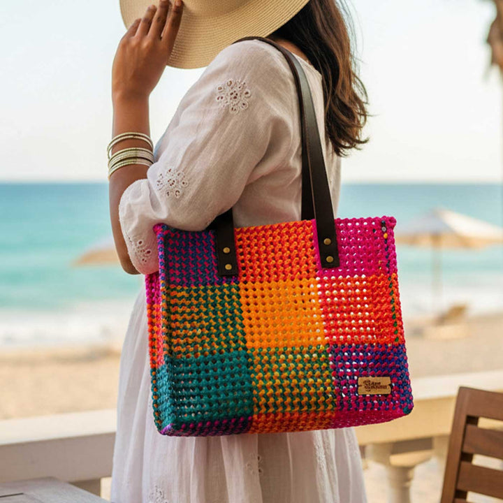 Checkered Multicolor Mukhya Knot Handmade Koodai Tote Bag