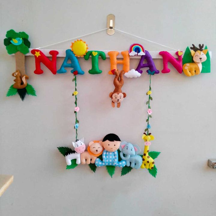 Personalized Boys Jungle Theme Felt Kids Name Plate - Name Personalization Hanging Wall View