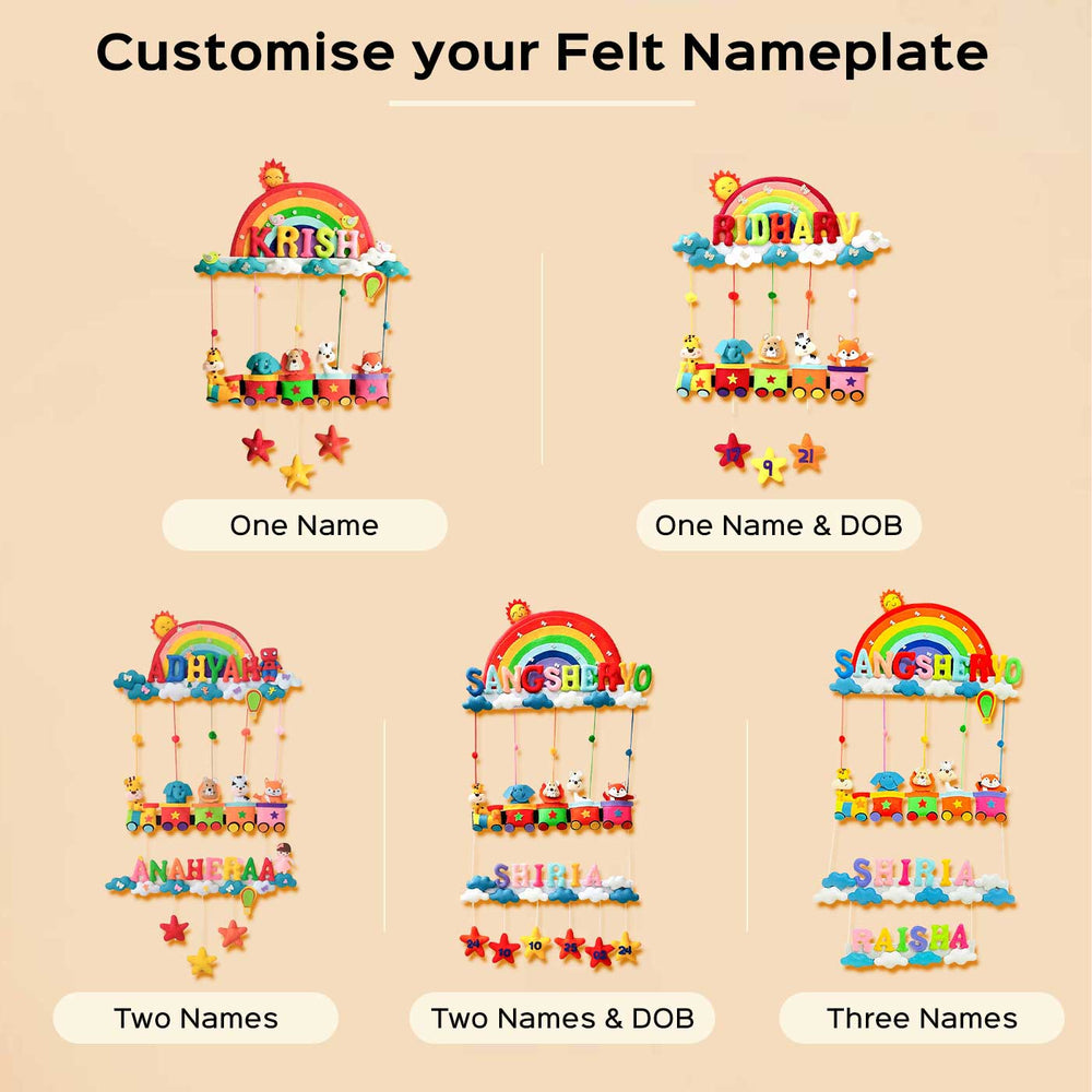 Personalized Rainbow Animal Train Theme Felt Kids Name Plate - Multiple Personalization Examples Displayed
