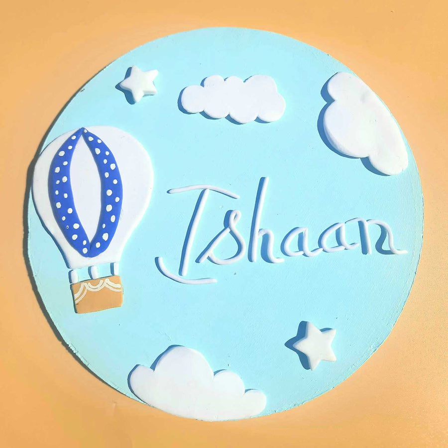 Personalized Blue Sky Theme Deco Clay Kids Name Plate - Front View with Name Personalization