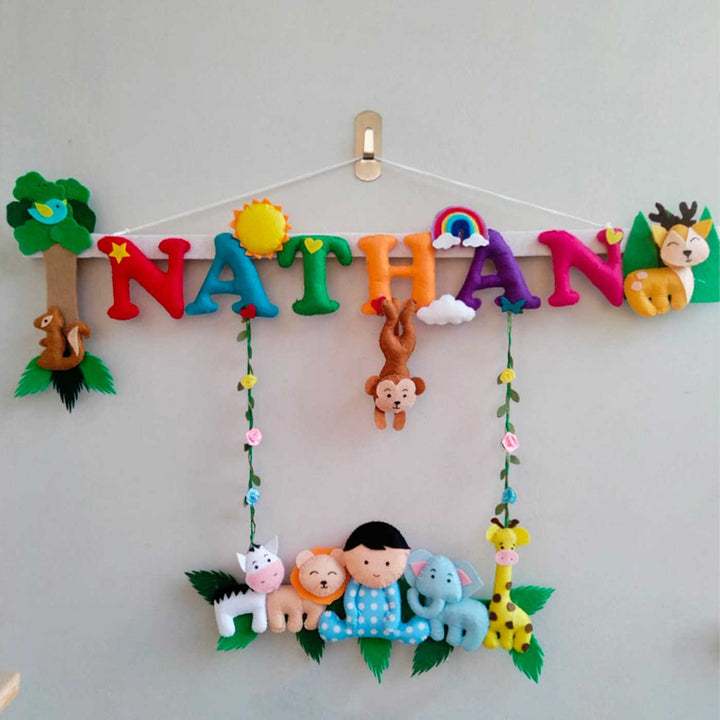 Personalized Boys Jungle Theme Felt Kids Name Plate - Front View Hanging with Name and Toys