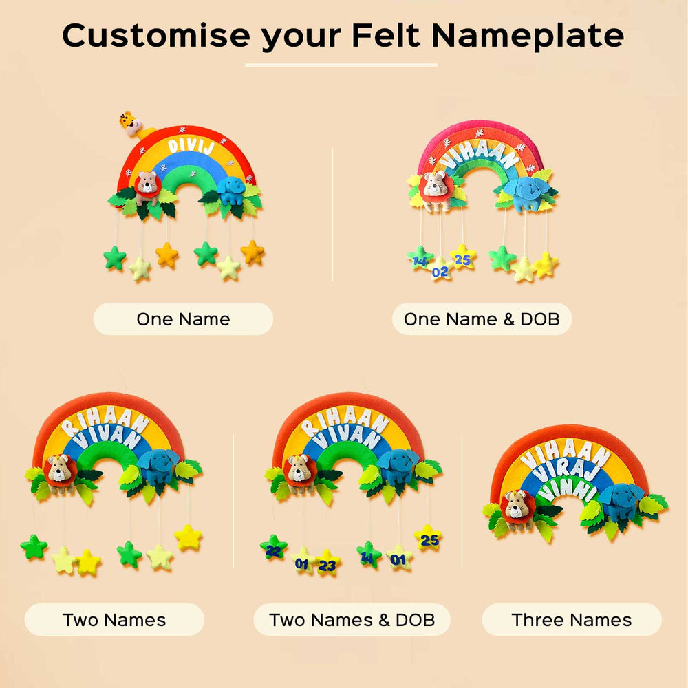 Personalized Jungle Rainbow Theme Felt Kids Name Plate - Name Personalization Examples Display