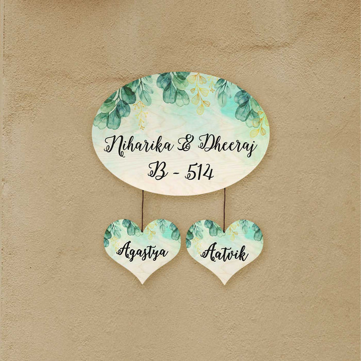 Printed Green Spring Floral Wooden Oval Nameplate - Hanging Wall Name Personalization Example