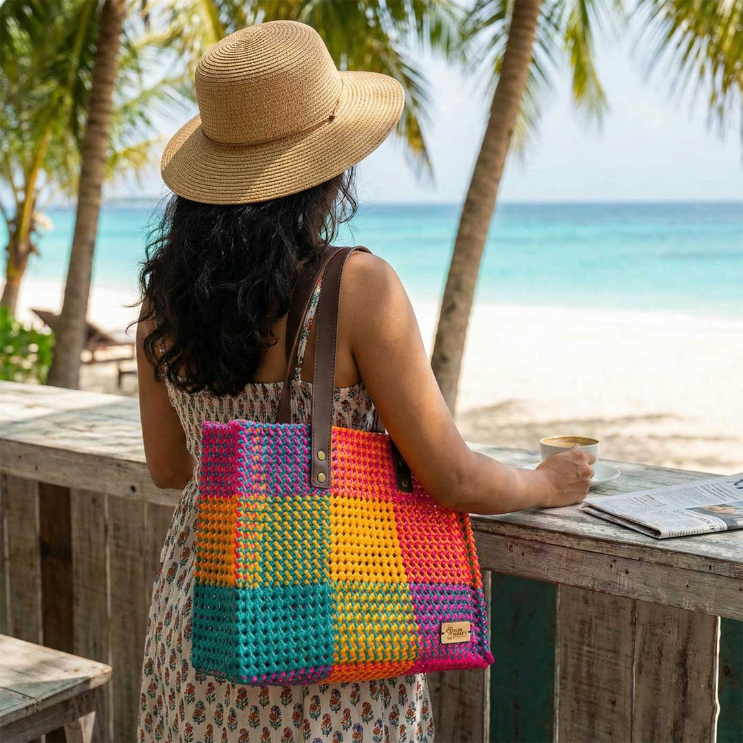 Checkered Multicolor Mukhya Knot Handmade Koodai Tote Bag